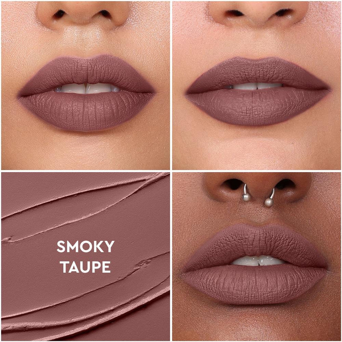 KIRO Non-Stop Airy Matte Liquid Lipstick in shade 37 Smoky Taupe, showcasing the smooth, matte lip color in a close-up shot.