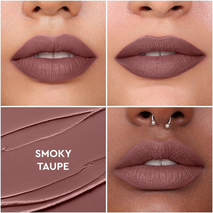 KIRO Non-Stop Airy Matte Liquid Lipstick in shade 37 Smoky Taupe, showcasing the smooth, matte lip color in a close-up shot.