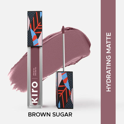 KIRO Non-Stop Airy Matte Liquid Lipstick in shade Brown Sugar, featuring a smooth, matte finish and applicator wand.