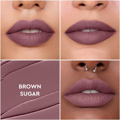 KIRO Non-Stop Airy Matte Liquid Lipstick in shade 38 Brown Sugar, showing the sleek lipstick tube and swatch on skin.