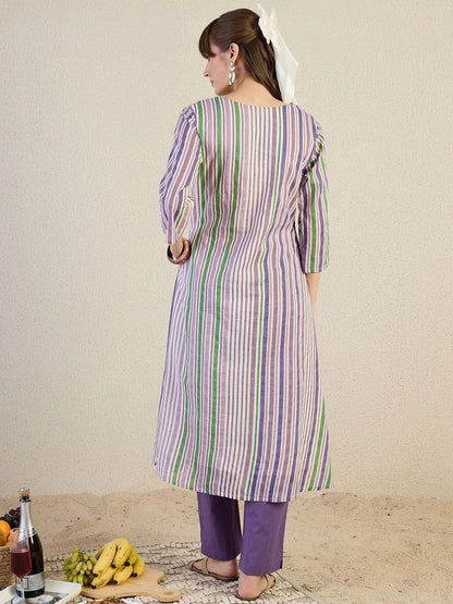 Striped Pure Cotton A-Line Kurta With Trousers