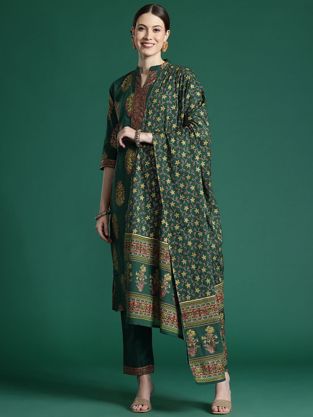Dhiyona IE Floral Printed Pure Cotton Kurta With Trousers & Dupatta
