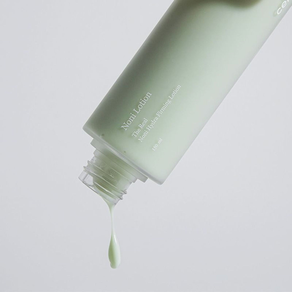 Celimax The Real Noni Hydra Firming Lotion bottle with a white pump, featuring a clean, minimalist design and natural skincare branding.