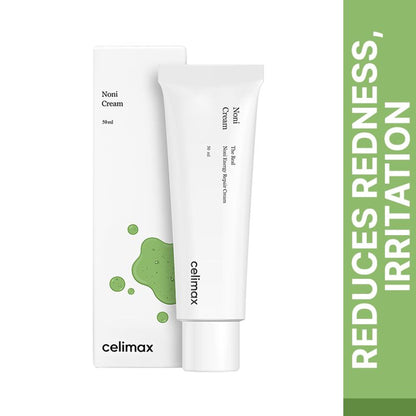 Celimax The Real Noni Energy Repair Cream jar showing the product label and creamy texture for calming and hydrating skin.