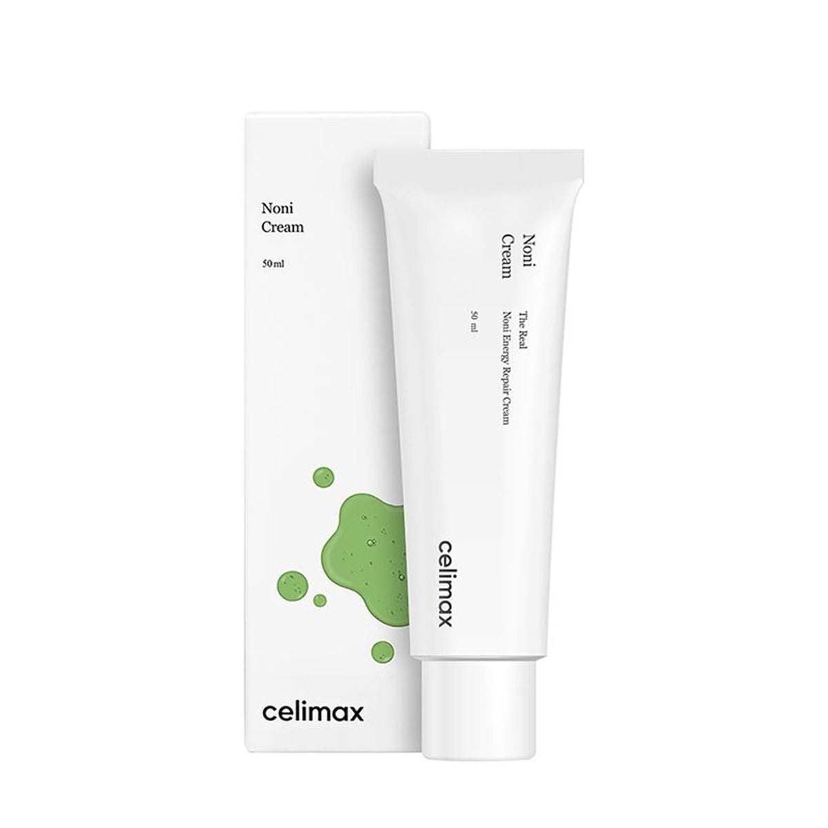 Celimax The Real Noni Energy Repair Cream jar with a white lid and label, showcasing the skincare product's packaging and design.