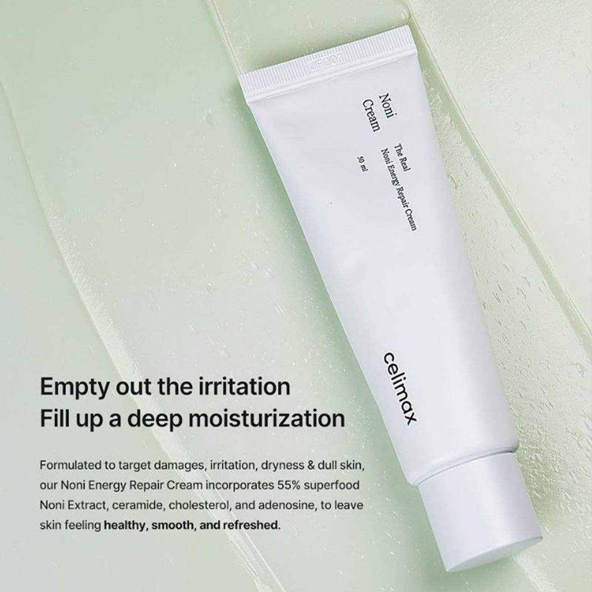 Celimax The Real Noni Energy Repair Cream jar with the label visible, showcasing a soothing skincare product for calming and hydrating skin.