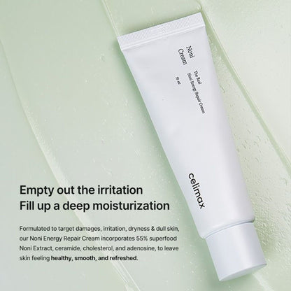 Celimax The Real Noni Energy Repair Cream jar with the label visible, showcasing a soothing skincare product for calming and hydrating skin.