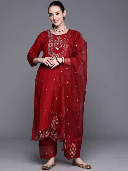 Indyancart IE Floral Embroidered Regular Kurta With Trousers & Dupatta