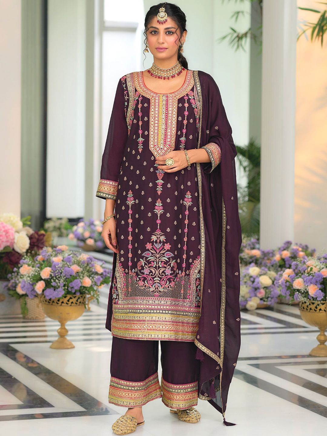 Indyancart IE Women Ethnic Motifs Embroidered Regular Mirror Work Kurta with Palazzos & With Dupatta