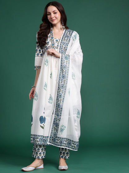 Dhiyona IE Women Floral Printed Empire Pure Cotton Kurta with Trousers & Dupatta