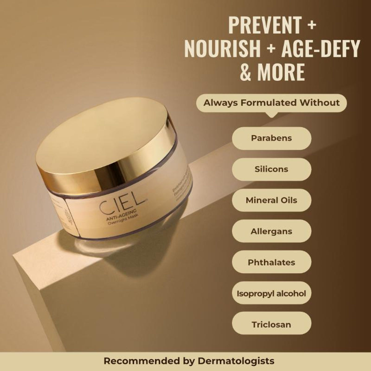 Ciel Anti-Ageing Overnight Mask in a jar with a smooth cream texture, designed for rejuvenating skin during sleep.