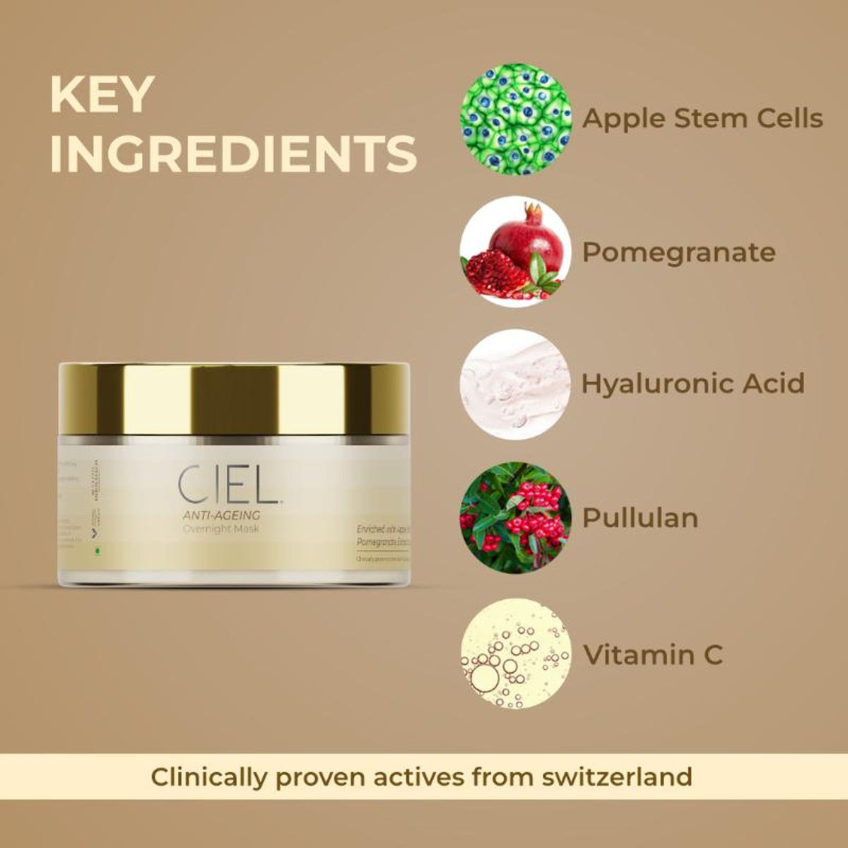 Ciel Anti-Ageing Overnight Mask in a jar with a smooth, creamy texture and elegant packaging.