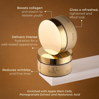 Ciel Anti-Ageing Overnight Mask in a jar, showcasing smooth cream with a luxurious texture and elegant packaging.