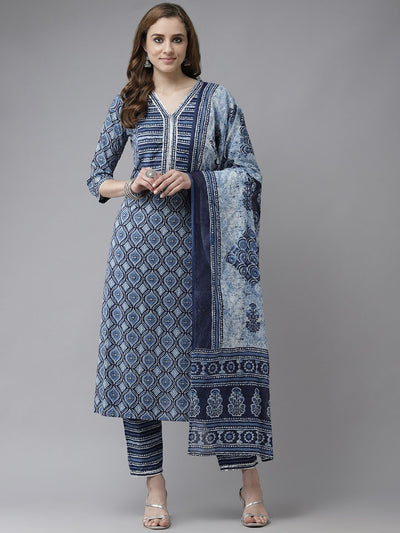 Dhiyona IE Blue & White Ethnic Print Gotta Patti A-line Kurta Trousers & Dupatta