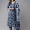 Indyancart IE Blue & White Ethnic Print Gotta Patti A-line Kurta Trousers & Dupatta