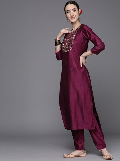 Indyancart IE Women Purple Embroidered Sequinned Liva Kurta with Trousers & With Dupatta