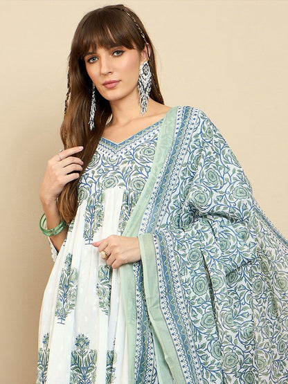 Indyancart IE Floral Printed Empire A-Line Pure Cotton Kurta with Palazzos & Dupatta