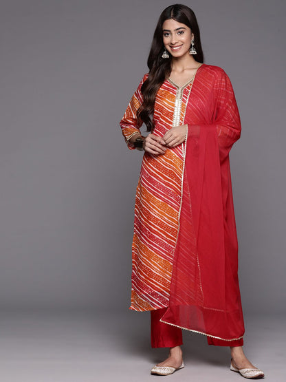 Indyancart VA Women's Leheriya Printed Regular Sequinned Kurta with Trousers & With Dupatta