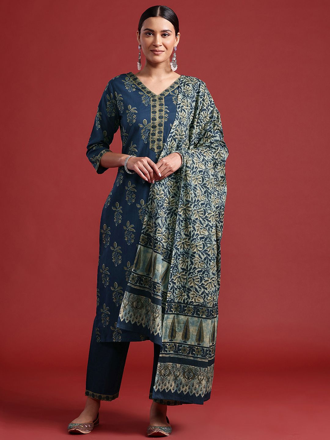 Dhiyona IE Floral Printed Pure Cotton Kurta With Trousers & Dupatta