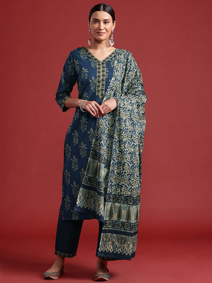 Dhiyona IE Floral Printed Pure Cotton Kurta With Trousers & Dupatta