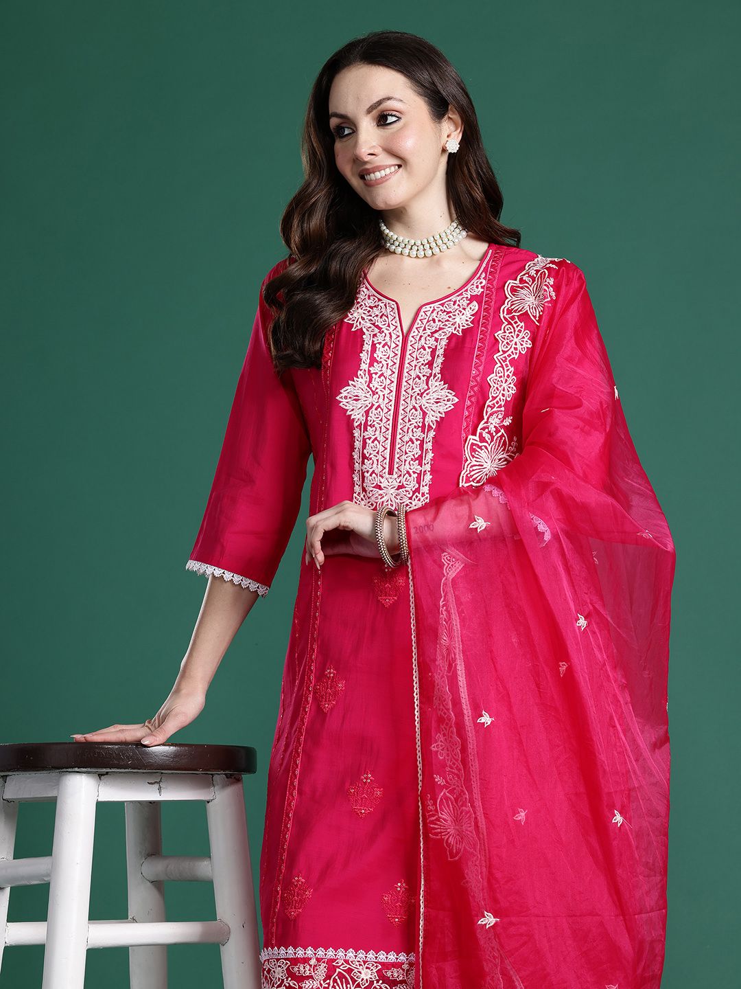 Indyancart IE Ethnic Motifs Embroidered Thread Work Kurta with Trousers & With Dupatta