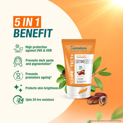 Himalaya Sun Protect+ Ultra Light Sunscreen SPF 50 PA++++ Sweat Resistant,100% No White Cast