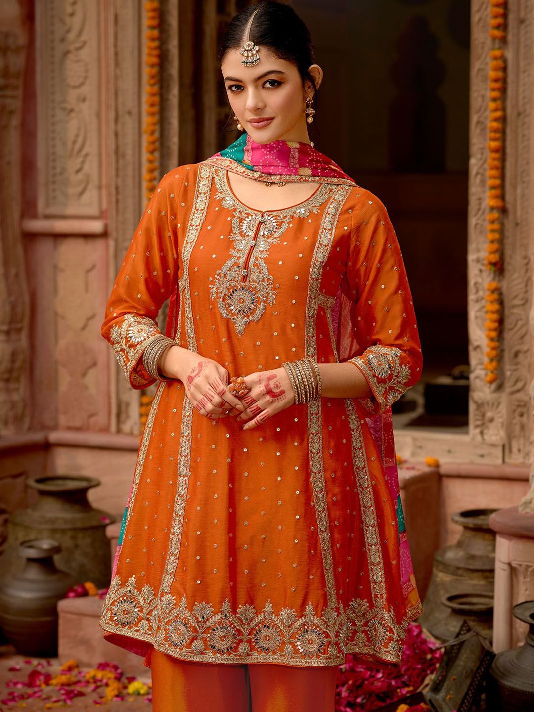 Indyancart IE Floral Embroidered Panelled Mirror Work A-Line Kurta With Palazzos & Dupatta