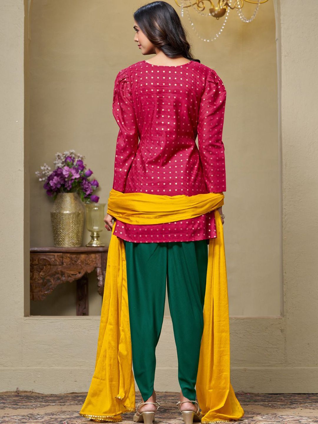 Dhiyona SN Women's Cotton Silk Zari Embroidered Kurti Dhoti and Dupatta Set