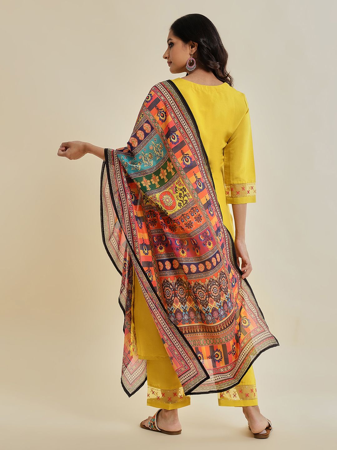 Indyancart VA Women'sYellow Floral Embroidered Sequinned Kurta With Trousers & Dupatta