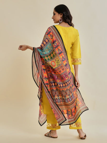 Indyancart VA Women'sYellow Floral Embroidered Sequinned Kurta With Trousers & Dupatta