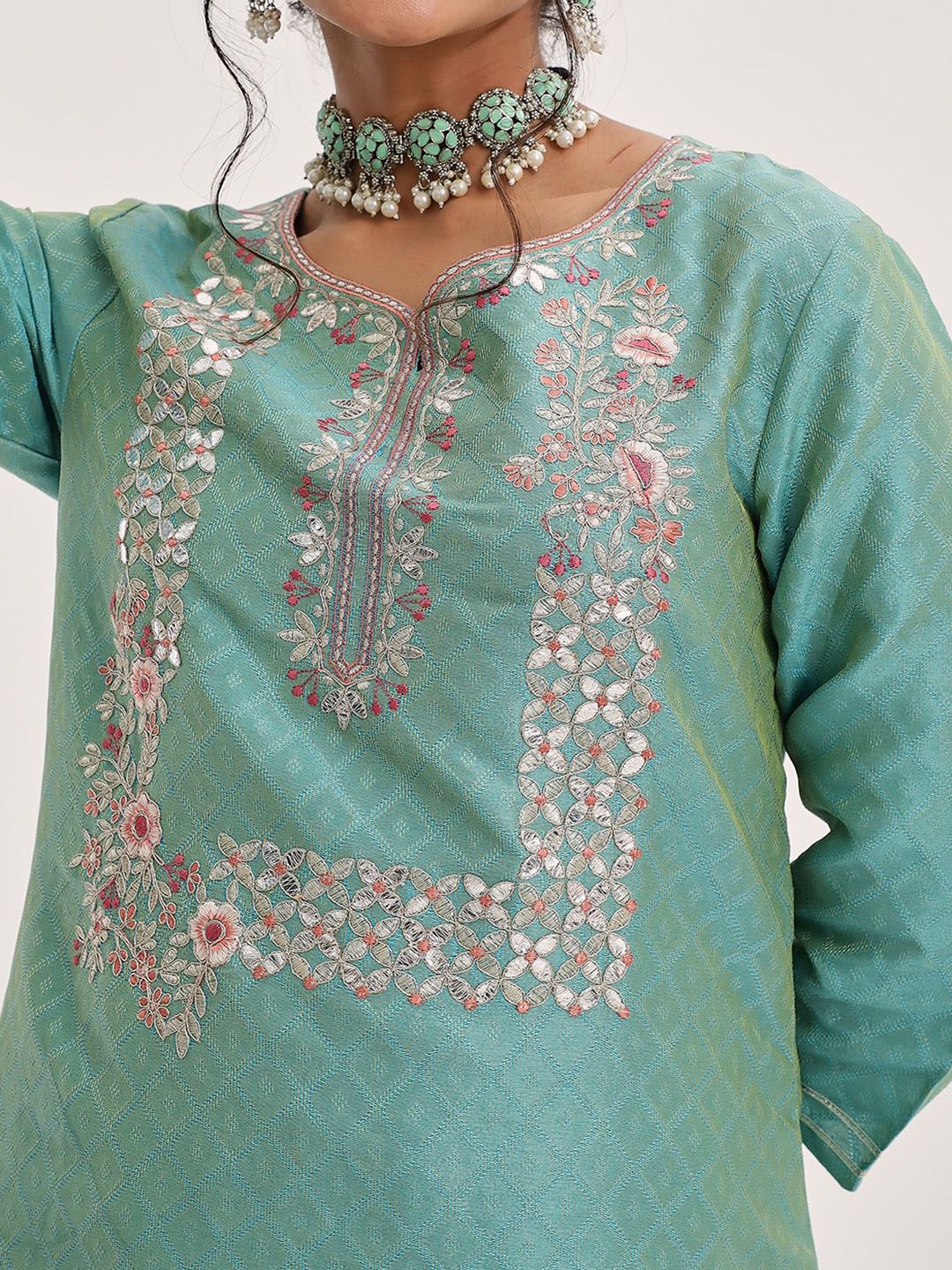 Indyancart VA Women'sFloral Yoke Design Gotta Patti Kurta & Trousers With Dupatta