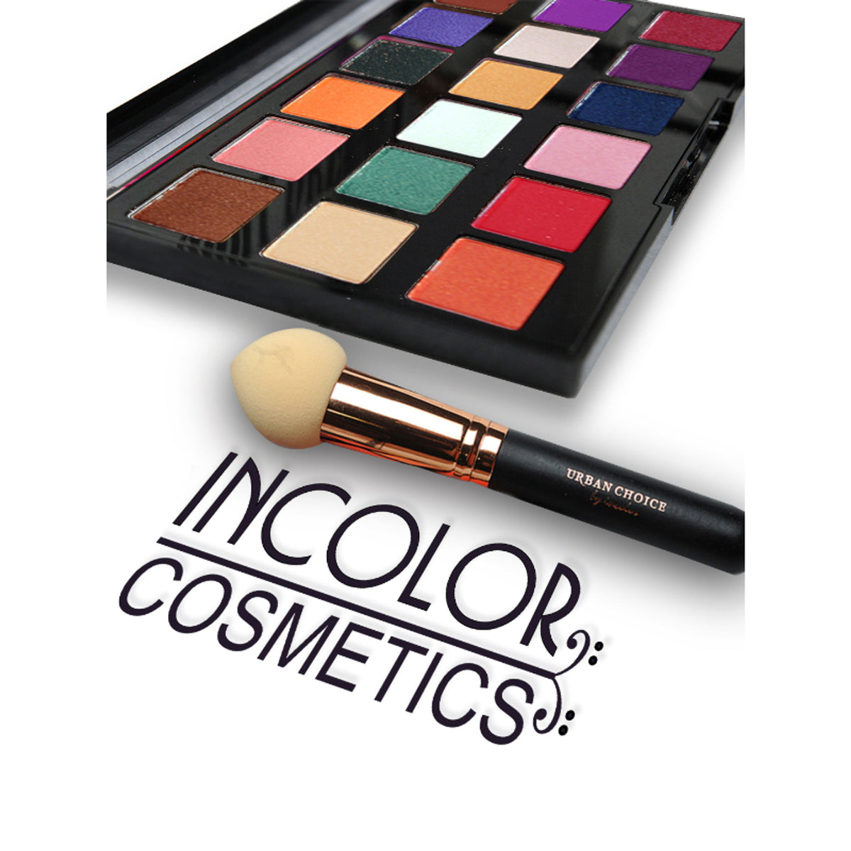 Incolor Exposed Midnight Dreams 18-color eyeshadow palette with various shades of blue, black, and neutral tones for creative eye looks.