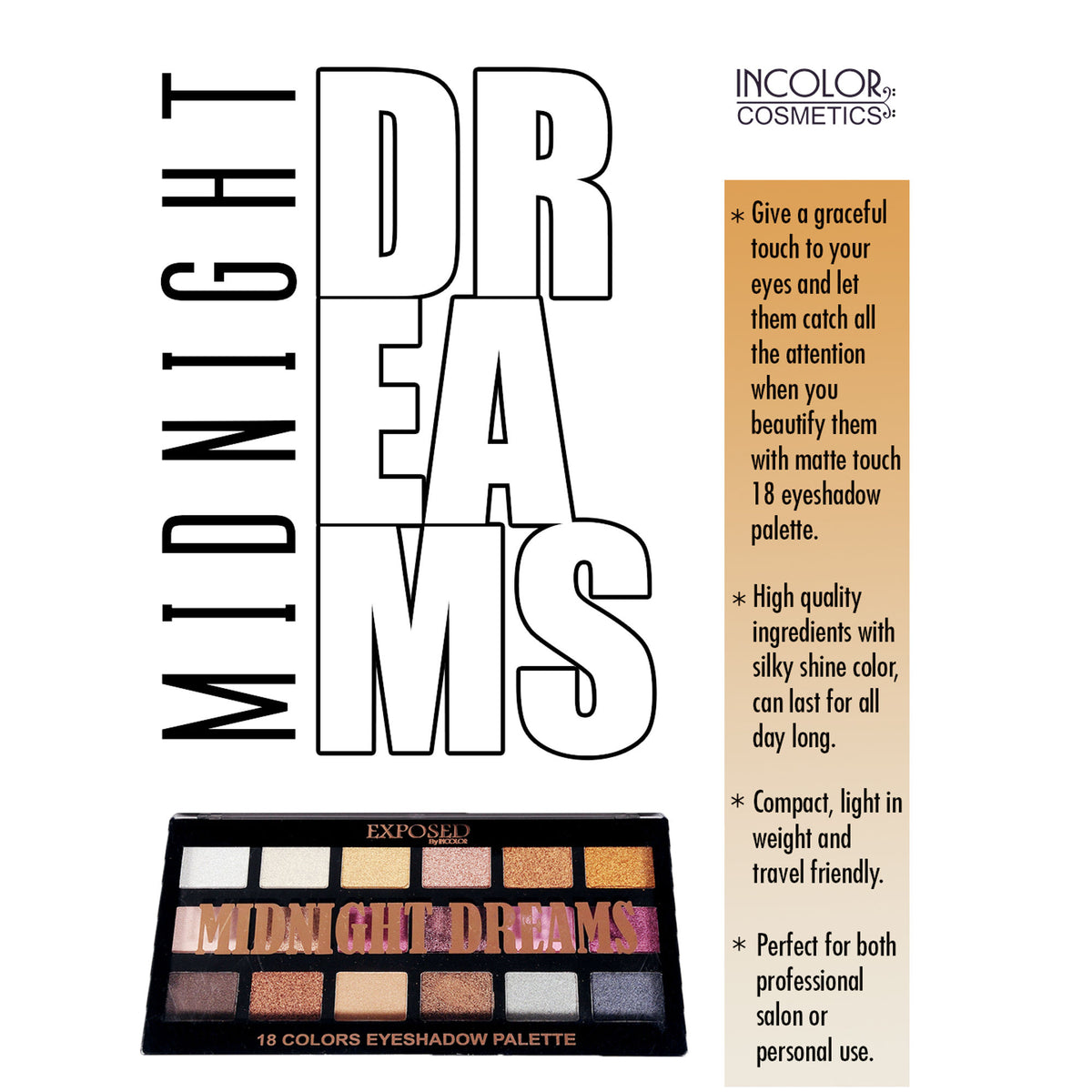 Incolor Exposed Midnight Dreams 18-color eyeshadow palette with various shades of blues, purples, and neutrals displayed open.