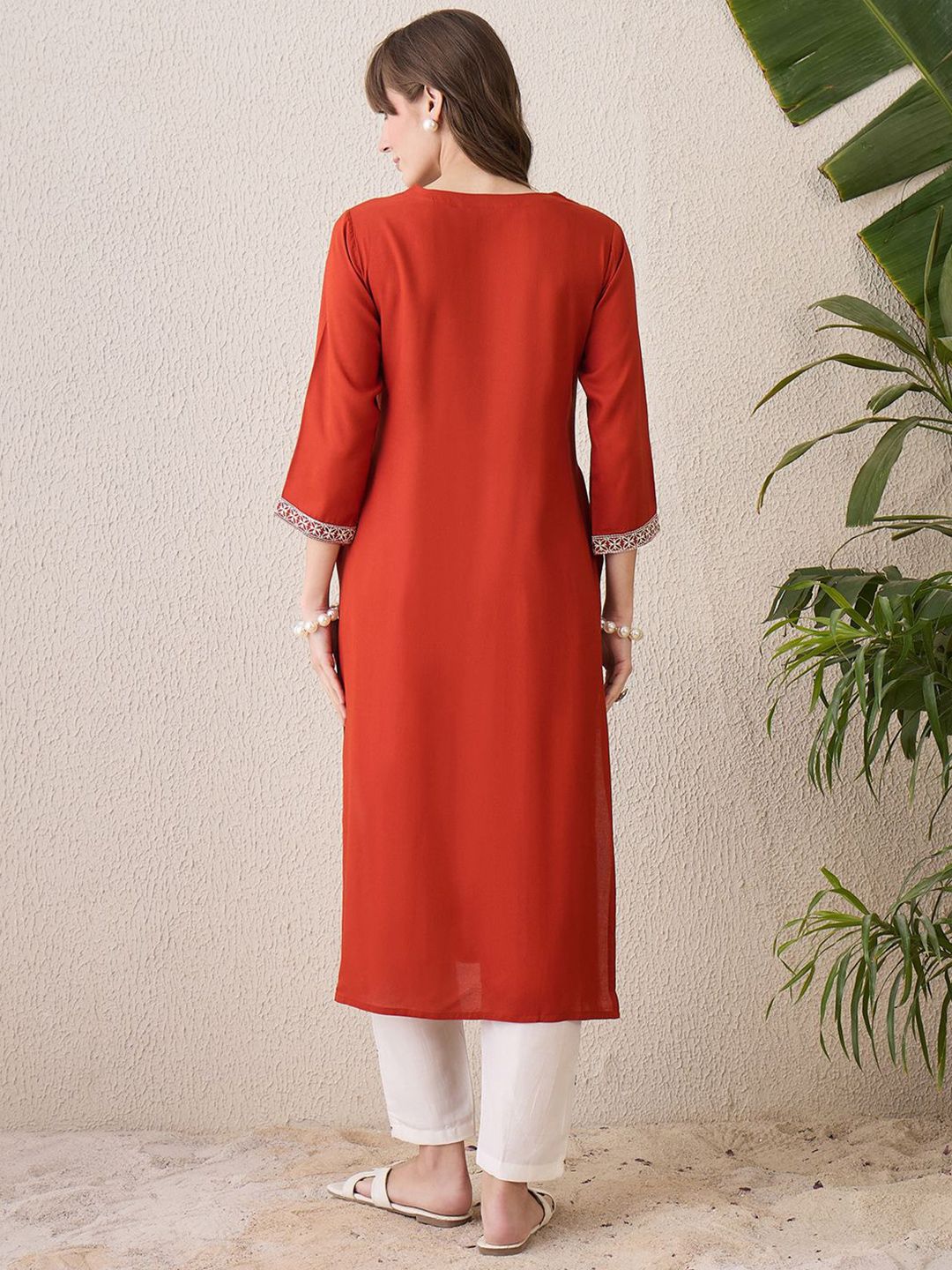 Indyancart IE Floral Yoke Design Thread Work Cotton Straight Kurta