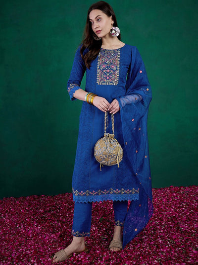 Indyancart SN Women's Sequin Embroidered Straight Kurta & Trouser With Dupatta