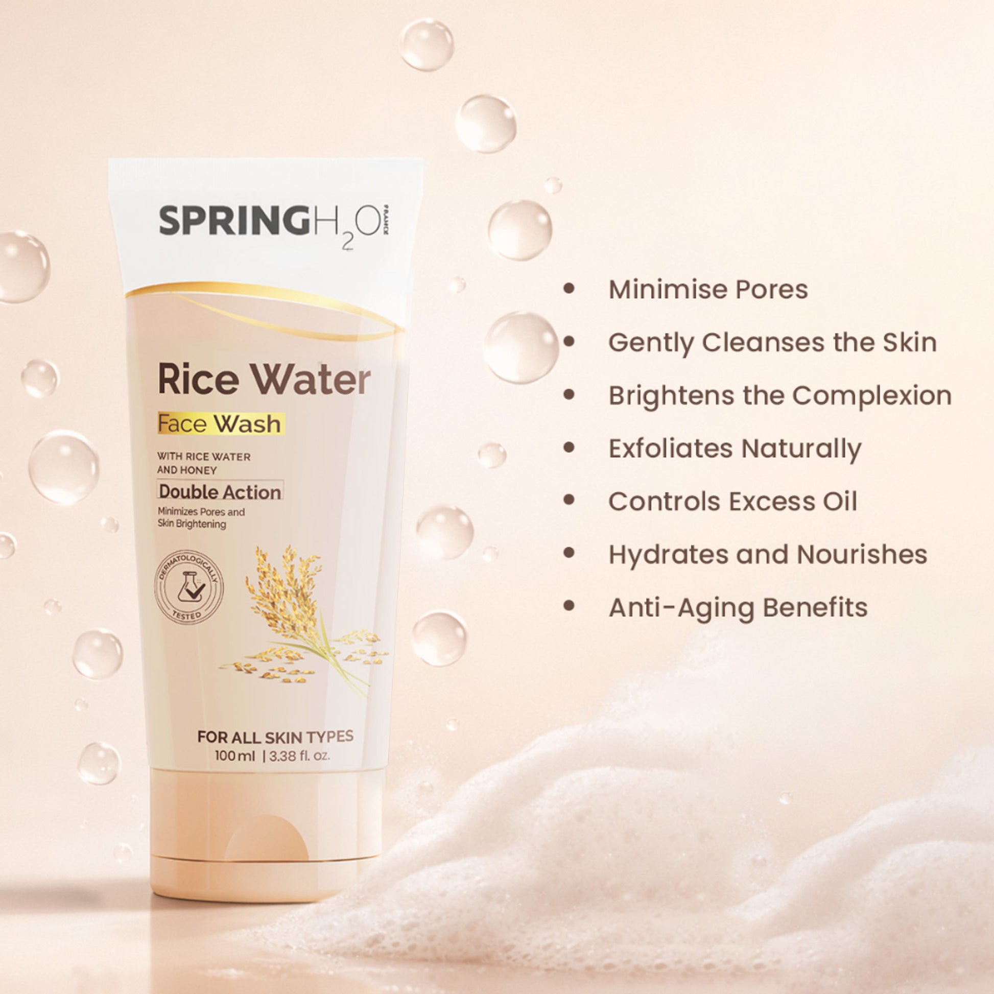 Spring H2O Rice Water Face Wash Minimizes Pores & Skin Brightening with Rice Water & Honey