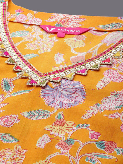 Indyancart VA Women's Yellow Printed Pure Cotton Kurta with Trousers & With Dupatta