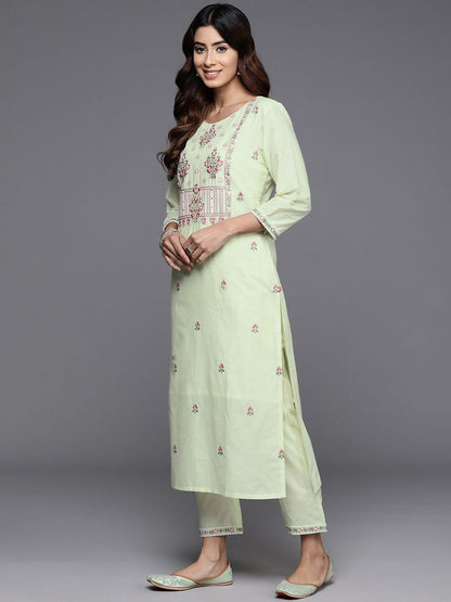 Indyancart VA Women'sFloral Embroidered Pure Cotton Straight Kurta With Trousers & Dupatta
