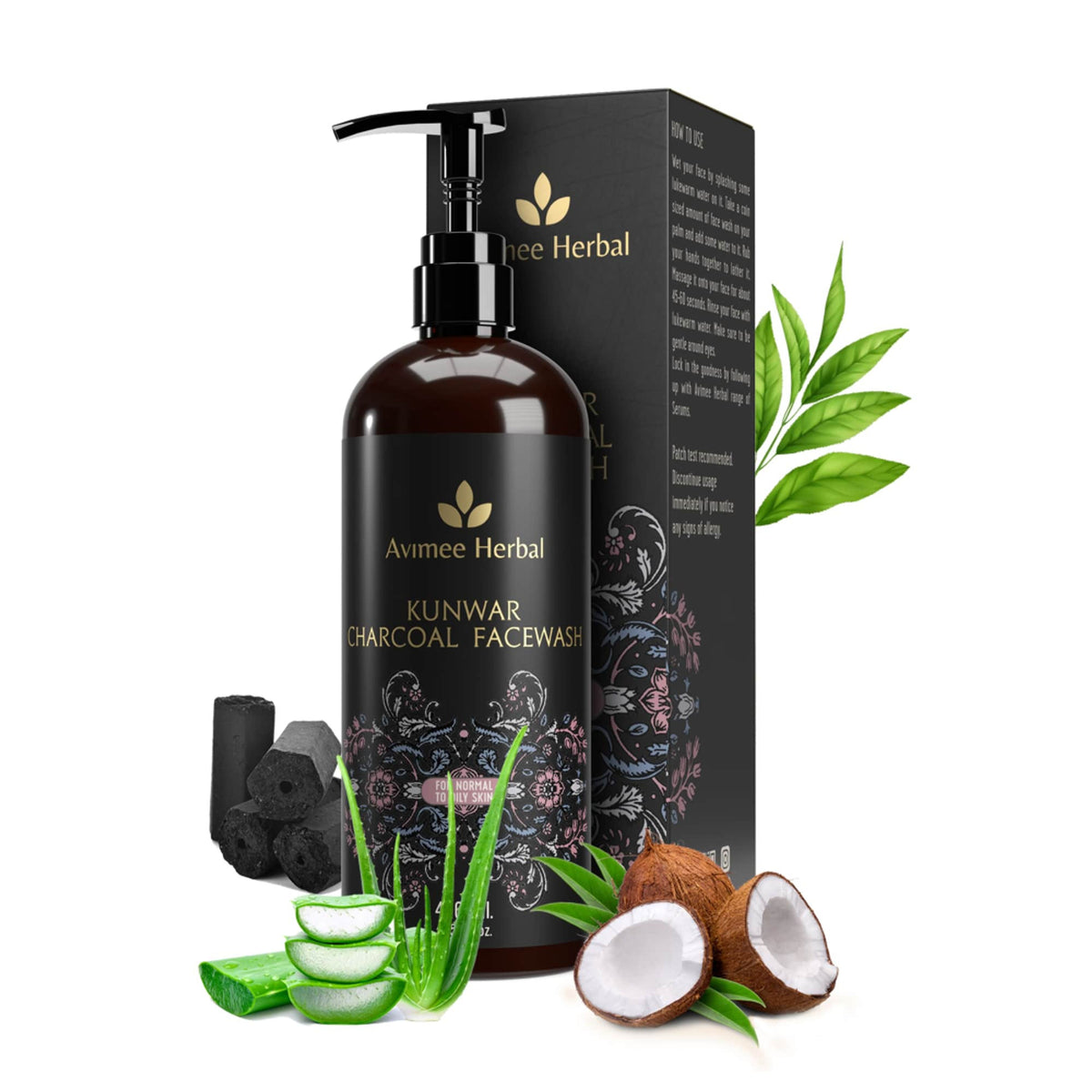 Avimee Herbal Kunwar Charcoal Facewash bottle with activated charcoal, featuring a black liquid formula and herbal ingredients.
