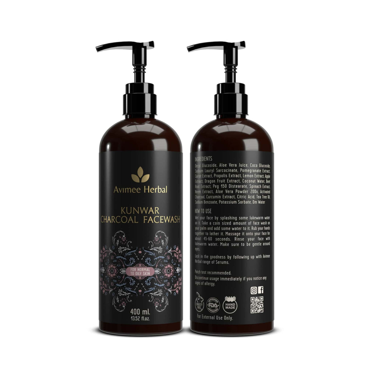 Avimee Herbal Kunwar Charcoal Facewash with activated charcoal in a pump bottle, showing the product label and packaging.