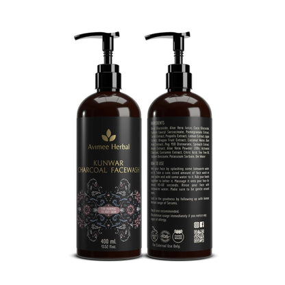 Avimee Herbal Kunwar Charcoal Facewash with activated charcoal in a pump bottle, showing the product label and packaging.