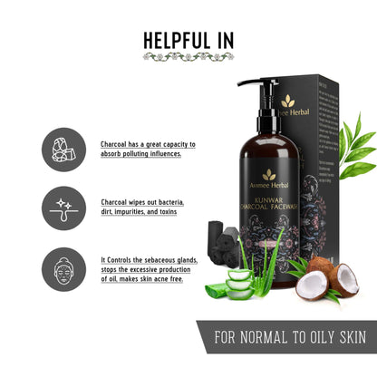 Avimee Herbal Kunwar Charcoal Facewash bottle with activated charcoal, featuring a sleek design and natural herbal ingredients.