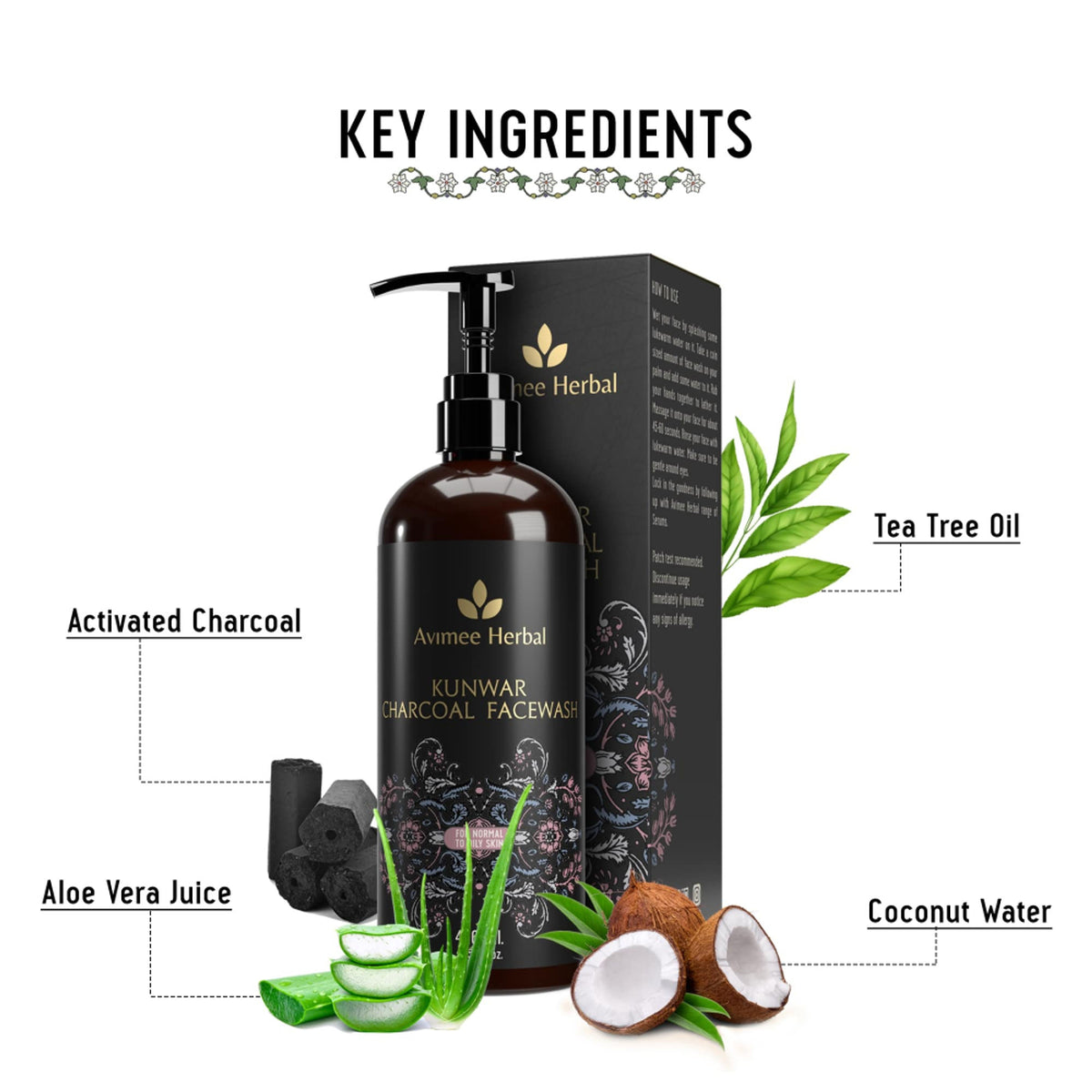 Avimee Herbal Kunwar Charcoal Facewash with activated charcoal in a pump bottle, designed for deep cleansing and skin detoxification.
