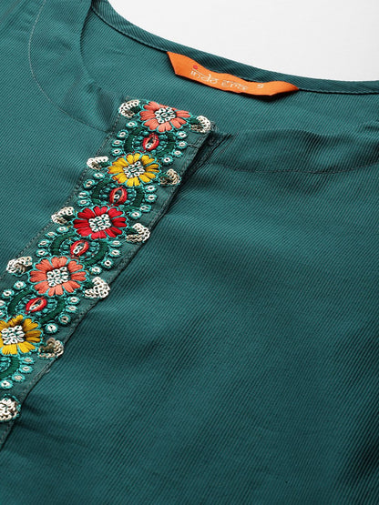 Indyancart IE Floral Embroidered Regular Thread Work Liva Kurta with Palazzos & Dupatta