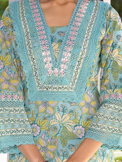 Indyancart VA Women'sFloral Printed Regular Mirror Work Pure Cotton Kurta With Trouser & Dupatta