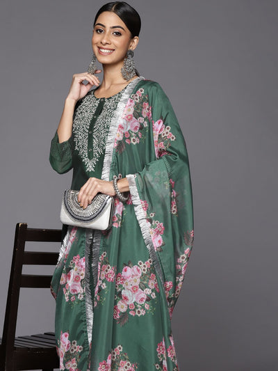 Indyancart VA Women's Green Floral Yoke Design Chanderi Silk Kurta with Trousers & With Dupatta