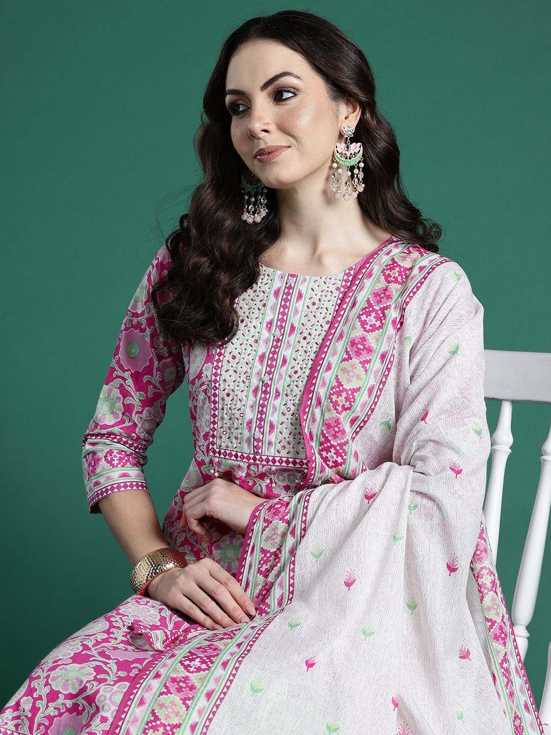 Floral Printed Pure Cotton Kurta with Trousers & Dupatta
