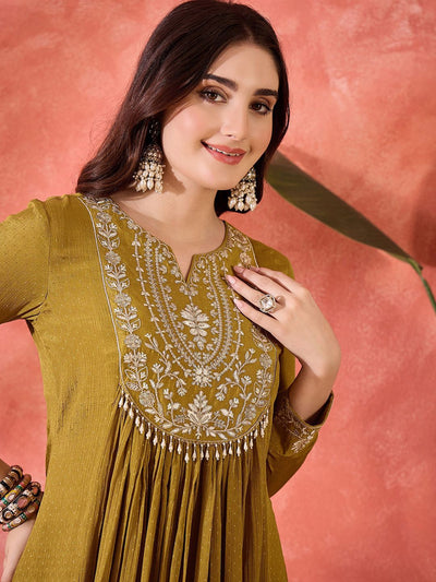 Indyancart SN Women's Zari & Sequin Embroidered Lace Work Kurta & Trousers