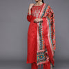 Dhiyona VA Women's Red Kurta with Trousers & With Dupatta