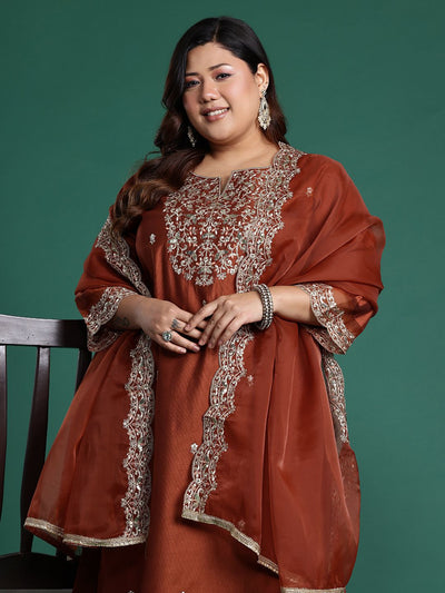 Indyancart IE Plus Size Floral Embroidered Sequinned Liva Kurta with Trousers & With Dupatta